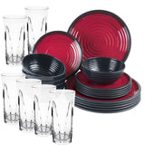 Melamin Geschirr Set Rot für 6 Personen 24 Teile mit Trinkglas klar Tonoptik - Essgeschirr Acryl Wasserglas - Campinggeschirr