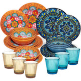 Melamin Geschirr Set Toskana Pastel für 6 Personen - 24 Teile - Orange-Blau - Mandala-Optik mit farblich passenden Trinkgläsern 360 ml aus Acryl Spülmaschinengeeignet Campinggeschirr