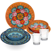 Melamin Geschirr Set Toskana Pastel für 2 Personen - 8 Teile - Orange-Blau - Mandala-Optik mit klaren Trinkgläsern 360 ml aus Acryl Campinggeschirr