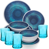 Melamin Geschirr Set Jesolo Blau für 4 Personen - 16 Teile - mit farblich passenden Trinkgläsern 300ml aus Acryl Campinggeschirr