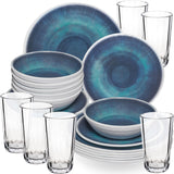 Melamin Geschirr Set Jesolo Blau für 6 Personen - 24 Teile - mit klarem Trinkglas 300ml - aus Acryl Steingutoptik Campinggeschirr