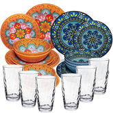 Melamin Geschirr Set Toskana Pastel für 6 Personen - 24 Teile - Orange-Blau - Mandala-Optik mit klaren Trinkgläsern 460 ml aus Acryl Spülmaschinengeeignet Campinggeschirr