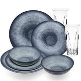 Melamin Geschirr Set Jesolo Grau für 2 Personen - 8 Teile - mit klarem Trinkglas 450ml aus Acryl Steingutoptik Campinggeschirr Camping