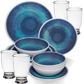 Melamin Geschirr Set Jesolo Blau für 4 Personen - 16 Teile - mit klarem Trinkglas 380ml - aus Acryl Steingutoptik Campinggeschirr