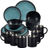 Melamin Geschirr Set Blau Schwarz für 6 Personen 24 Teile mit Edelstahl Thermo Tassen doppelwandig - Tonoptik Essgeschirr - Campinggeschirr Picknick ideal für Camping modern Outdoor