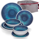 Melamin Geschirr Set Jesolo Blau für 4 Personen - 13 Teile - mit Aufbewahrungstasche Steingutoptik - Campinggeschirr