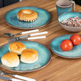 Melamin Geschirr Set Jesolo Grün für 2 Personen 7 Teile - mit Salatschale Steingutoptik Spülmaschinengeeignet Essgeschirr Campingzubehör Campinggeschirr Wohnwagen Camping Festival Picknick Gartenparty