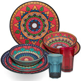 Melamin Geschirr Set Toskana Deep für 2 Personen - 8 Teile - Rot-Grün - Mandala-Optik mit farblich passenden Trinkgläsern 400 ml Campinggeschirr
