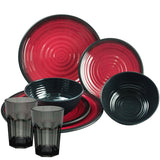 Melamin Geschirr Set Rot für 2 Personen 8 Teile mit Trinkglas grau Tonoptik - Essgeschirr Acryl Wasserglas - Campinggeschirr