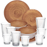 Melamin Geschirr Set Bambi Braun für 4 Personen - 20 Teile mit klaren Trinkgläsern 360+580 ml aus Acryl Steingutoptik Campinggeschirr