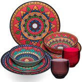 Melamin Geschirr Set Toskana Deep für 2 Personen - 8 Teile - Rot-Grün - Mandala-Optik mit farblich passenden Trinkgläsern 400 ml Campinggeschirr