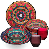 Melamin Geschirr Set Toskana Deep für 2 Personen - 8 Teile - Rot-Grün - Mandala-Optik mit farblich passenden Trinkgläsern 400 ml Campinggeschirr