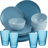 Melamin Geschirr Set 16 Teile elegante Steingut Optik in blau mit Wasserglas - für 4 Personen Essgeschirr Wasserglas