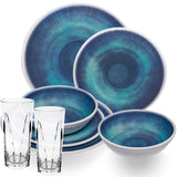 Melamin Geschirr Set Jesolo Blau für 2 Personen - 8 Teile - mit klarem Trinkglas 450ml aus Acryl Steingutoptik Campinggeschirr