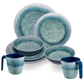 Melamin Geschirr Set Adria Blue für 2 Personen - 8 Teile Blau - mit stapelbaren Tassen Steingutoptik Essgeschirr Campinggeschirr Camping