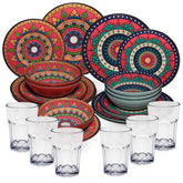 Melamin Geschirr Set Toskana Deep für 6 Personen - 24 Teile Rot-Grün - Mandala-Optik mit klaren Trinkgläsern 400 ml Essgeschirr Campinggeschirr