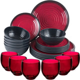 Melamin Geschirr Set für 6 Personen 24 Teile mit Trinkglas rot schwarz Tonoptik - Essgeschirr Acryl Wasserglas - Campinggeschirr