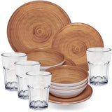 Melamin Geschirr Set Bambi Braun für 4 Personen - 16 Teile mit klaren Trinkgläsern 400 ml aus Acryl Steingutoptik Campinggeschirr