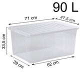 AUFBEWAHRUNGSBOX 90 Liter - Aufbewahrungsbox mit Deckel - 71x47x33cm - transparent klar - stapelbar - Kunststoff Box Stapelkiste Unterbettkommode Büro