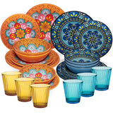 Melamin Geschirr Set Toskana Pastel für 6 Personen - 24 Teile - Orange-Blau - Mandala-Optik mit farblich passenden Trinkgläsern 360 ml aus Acryl Spülmaschinengeeignet Campinggeschirr