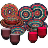 Melamin Geschirr Set Toskana Deep für 4 Personen - 16 Teile Rot-Grün - Mandala-Optik mit farblich passenden Trinkgläsern 400 ml Campinggeschirr