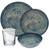 PRODUKTSET - 33414+33000 - Hummelladen Melamingeschirrset Mondgranit mit Trinkglas Klar 250ml 4 Personen