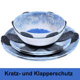 Melamin Geschirr Set Wish Flower Blau für 4 Personen - 16 Teile - mit Edelstahl Thermo Tassen Pusteblume Steingutoptik Spülmaschinengeeignet Essgeschirr Campingzubehör Campinggeschirr Wohnwagen Camping Festival Picknick Gartenparty