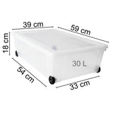 6 x UNTERBETTKOMMODE - Aufbewahrungsbox mit Deckel und Rollen 30 Liter 59x39x18 cm transparent stapelbar LEBENSMITTELECHT - Rollbox Kunststoff Box Kiste Plastik Organizer Büro Haushalt Kinderzimmer