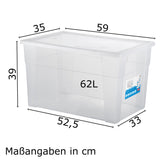 6 x Aufbewahrungsbox mit Deckel 62 Liter - 59x39x35 cm - transparent stapelbar LEBENSMITTELECHT - Kunststoff Box Kiste - Plastik Behälter Organizer - Büro Haushalt Küche Kinderzimmer Spielzeugkiste