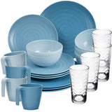 Melamin Geschirr Set 20 Teile elegante Steingut Optik in blau mit Wasserglas 260ml klar - für 4 Personen Essgeschirr Gläser Wasserglas Tumbler Whiskey - Campinggeschirr Picknick ideal Camping modern Outdoor