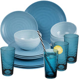 Melamin Geschirr Set 16 Teile elegante Steingut Optik in blau mit Wasserglas 260ml blau - für 4 Personen Essgeschirr Gläser Wasserglas Tumbler Whiskey - Campinggeschirr Picknick ideal Camping modern Outdoor