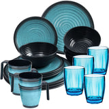 Melamin Geschirrset für 4 Personen blau schwarz - 20 Teile - mit Tassen und blauen Trinkgläsern 320 ml Campinggeschirr Essgeschirr Gläser Whiskey Campinggeschirr Picknick Camping Outdoor