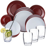 Melamin Geschirr und Acryl Glas Set für 4 Personen - 16 Teile - Campinggeschirr - rot weiß - mit Trinkglas 320 ml klar Gläsern - Essgeschirr