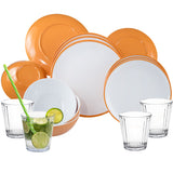 Melamin Geschirr und Acryl Glas Set für 4 Personen - 16 Teile - Campinggeschirr - gelb weiß - mit Trinkglas 360 ml klar Gläsern - Essgeschirr