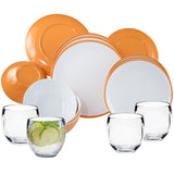 Melamin Geschirr und Acryl Glas Set für 4 Personen - 16 Teile - Campinggeschirr - gelb weiß - mit Trinkglas 400 ml klar Gläsern - Essgeschirr
