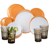 Melamin Geschirr und Acryl Glas Set für 4 Personen - 16 Teile - Campinggeschirr - gelb weiß - mit Trinkglas 400 ml braun Gläsern - Essgeschirr