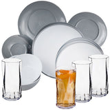 Melamin Geschirr Set für 4 Personen - 16 Teile - grau weiß - mit Trinkglas klar 450ml Campinggeschirr Camping Geschirr
