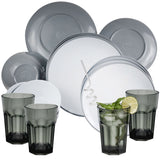 Melamin Geschirr Set für 4 Personen - 16 Teile - grau weiß - mit Trinkglas grau 400ml Campinggeschirr Camping Geschirr
