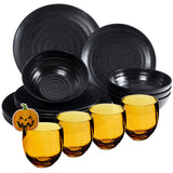 Halloween Geschirrset aus Melamin für 4 Personen - 16 Teile - schwarz - mit orangen Trinkgläsern - Partygedeck Partygeschirr Party Tischdeko