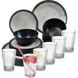 Melamin Geschirr Set für 6 Personen Grau Granit-Optik 24 Teile - mit klaren Trinkgläsern 580 ml - Campinggeschirr Geschirrset Tafelgeschirr - Spülmaschinengeeignet Tableware Outdoor Camping