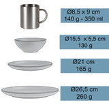 Melamin Geschirr Set Schwarz für 2 Personen 8 Teile mit Edelstahl Thermo Tassen doppelwandig - Essgeschirr - Campinggeschirr Picknick ideal für Camping modern Outdoor
