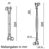 4 x Edelstahl Wantenspanner Spannschraube D-10mm - M10 - V2A - Seilspanner Segelspanner für Drahtseil - 22-32 cm lang Spannschloss Bruchlast 3500kg