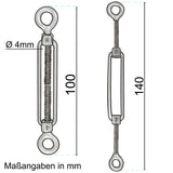 4x Edelstahl Spannschloss Spannschraube D-4mm - M4 - beidseitigen Ösen V2A - Seilspanner Segelspanner für Drahtseil - 10-14cm lang Wantenspanner Bruchlast 450 kg