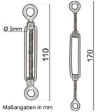 4x Edelstahl Spannschloss Spannschraube D-5mm - M5 - beidseitigen Ösen V2A - Seilspanner Segelspanner für Drahtseil - 11-17cm lang Wantenspanner Bruchlast 650kg