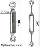 4x Edelstahl Spannschloss Spannschraube D-8mm - M8 - beidseitig Öse V2A - Seilspanner Segelspanner für Drahtseil - 18-27cm lang Wantenspanner Bruchlast 2000kg