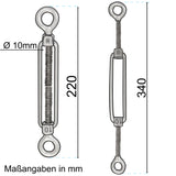 4x Edelstahl Spannschloss Spannschraube D-10mm - M10 - beidseitig Öse V2A - Seilspanner Segelspanner für Drahtseil - 22-34 cm lang Wantenspanner Bruchlast 2800kg