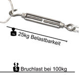 8x Edelstahl Spannschloss Spannschraube D-4mm - M4 - Öse+Haken - V2A Seilspanner Segelspanner für Drahtseil - 10-14cm lang Wantenspanner Bruchlast 100 kg