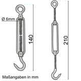 8x Edelstahl Spannschloss Spannschraube D-6mm - M6 - Öse+Haken - V2A Seilspanner Segelspanner für Drahtseil - 14-21cm lang Wantenspanner Bruchlast 350kg