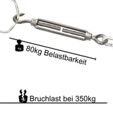 4x Edelstahl Spannschloss Spannschraube D-6mm - M6 - Öse+Haken V2A - Seilspanner Segelspanner für Drahtseil - 14-21cm lang Wantenspanner Bruchlast 350kg