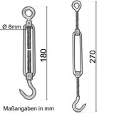 8x Edelstahl Spannschloss Spannschraube D-10mm - M10 - Öse+Haken - V2A Seilspanner Segelspanner für Drahtseil - 22-34 cm lang Wantenspanner Bruchlast 800kg